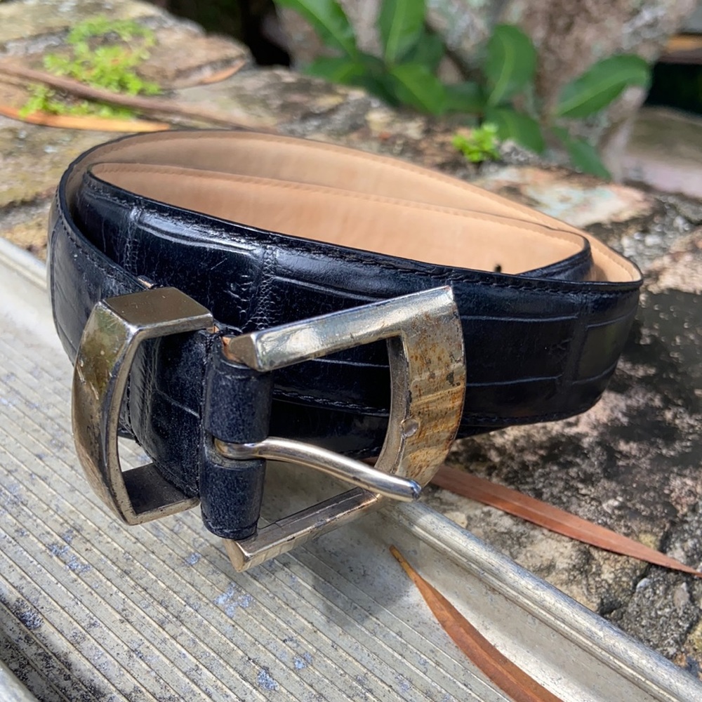 Fossil Black Leather Crocodile Embossed Silver Brass Buckle Belt!
